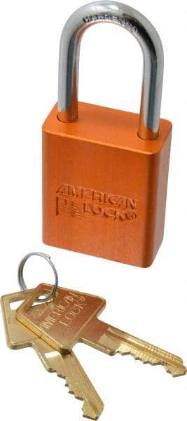 American Lock - Keyed Alike Conductive Lockout Padlock - 1-1/2" Shackle Clearance, 1/4" Shackle Diam, 1.8" Body Height x 1-1/2" Body Width, Orange, 5 Pins - Eagle Tool & Supply
