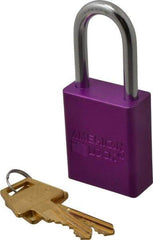 American Lock - Keyed Alike Conductive Lockout Padlock - 1-1/2" Shackle Clearance, 1/4" Shackle Diam, 1.8" Body Height x 1-1/2" Body Width, Purple, 5 Pins - Eagle Tool & Supply
