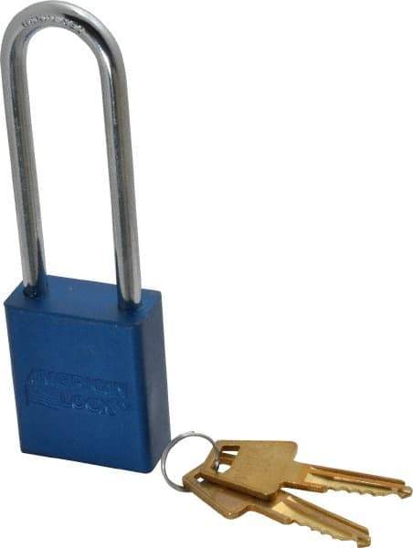 American Lock - Keyed Alike Conductive Lockout Padlock - 3" Shackle Clearance, 1/4" Shackle Diam, 1.8" Body Height x 1-1/2" Body Width, Blue, 5 Pins - Eagle Tool & Supply