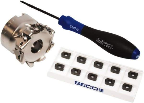 Seco - CVD Finish Micrograin Grade Carbide High Feed Milling Tip Insert Holder Kit - 2" Cut Diam, 2" Shank Diam, 1" OAL, 2" Cut Width, 0.035" Depth of Cut, 8 Flutes, Tool Steel Toolholder, Through Coolant, Series Master Mill - Eagle Tool & Supply