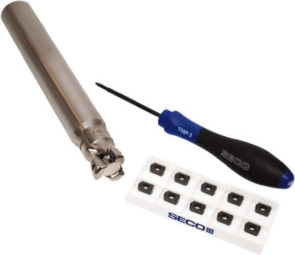 Seco - CVD Finish Micrograin Grade Carbide High Feed Milling Tip Insert Holder Kit - 1" Cut Diam, 1" Shank Diam, 7" OAL, 1" Cut Width, 0.035" Depth of Cut, 3 Flutes, Tool Steel Toolholder, Through Coolant, Series Master Mill - Eagle Tool & Supply