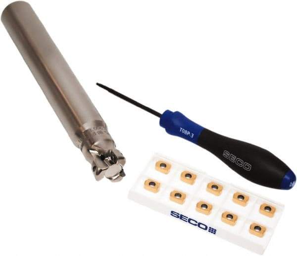 Seco - CVD Finish Micrograin Grade Carbide High Feed Milling Tip Insert Holder Kit - 1" Cut Diam, 1" Shank Diam, 7" OAL, 1" Cut Width, 0.035" Depth of Cut, 3 Flutes, Tool Steel Toolholder, Through Coolant, Series Master Mill - Eagle Tool & Supply