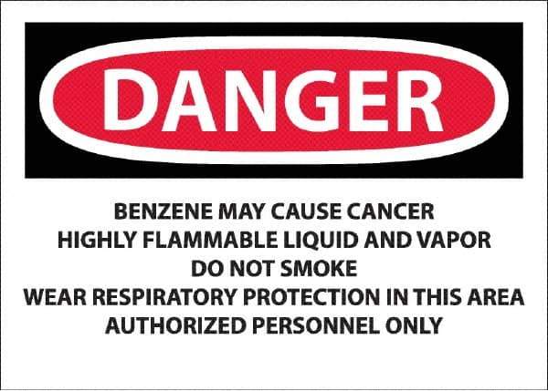 NMC - "Danger - Benzene May Cause Cancer", 10" Long x 14" Wide, Pressure-Sensitive Vinyl Safety Sign - Rectangle, 0.0045" Thick, Use for Hazardous Materials - Eagle Tool & Supply