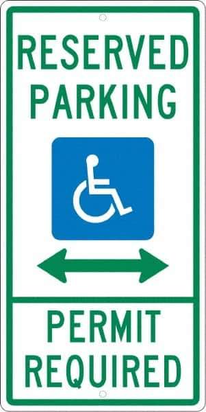 NMC - "Reserved Parking Permit Required", "Handicap Symbol", 12" Wide x 24" High, Aluminum ADA Signs - 0.063" Thick, Green & Blue on White, Rectangle, Post Mount - Eagle Tool & Supply