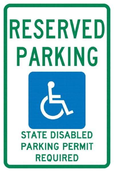 NMC - "Reserved Parking State Disabled Parking Permit Required", "Handicap Symbol", 12" Wide x 18" High, Aluminum ADA Signs - 0.04" Thick, Green & Blue on White, Rectangle, Post Mount - Eagle Tool & Supply