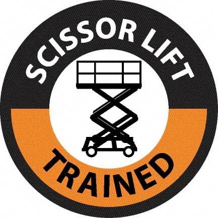 NMC - Scissor Lift Trained, Hard Hat Label - Round, Black & Orange on White, 0.004" Thick, Indoor or Outdoor, Adhesive Backed, For Accident Prevention - Eagle Tool & Supply