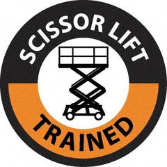 NMC - Scissor Lift Trained, Hard Hat Label - Round, Black & Orange on White, 0.004" Thick, Indoor or Outdoor, Adhesive Backed, For Accident Prevention - Eagle Tool & Supply