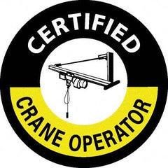 NMC - Certified Crane Operator, Hard Hat Label - Round, White & Yellow on Black, 0.004" Thick, Indoor or Outdoor, Adhesive Backed, For Certified Operator - Eagle Tool & Supply