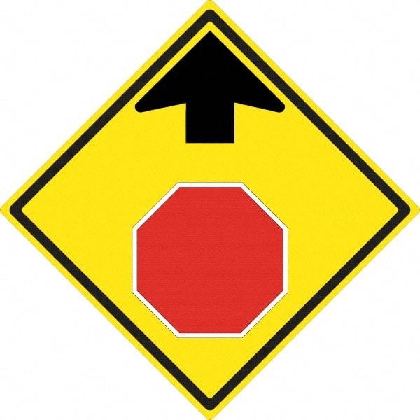 NMC - "Up Arrow, Stop Symbol", 24" Wide x 24" High, Aluminum Stop & Yield Signs - 0.08" Thick, Red & Black on Yellow, High Intensity Reflectivity, Diamond, Post Mount - Eagle Tool & Supply