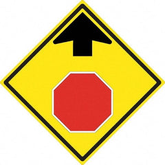 NMC - "Up Arrow, Stop Symbol", 24" Wide x 24" High, Aluminum Stop & Yield Signs - 0.08" Thick, Red & Black on Yellow, High Intensity Reflectivity, Diamond, Post Mount - Eagle Tool & Supply