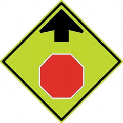 NMC - "Up Arrow, Stop Symbol", 30" Wide x 30" High, Aluminum Stop & Yield Signs - 0.08" Thick, Red & Black on Yellow, Diamond Grade Reflectivity, Diamond, Post Mount - Eagle Tool & Supply