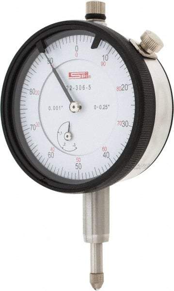 SPI - 1/4" Range, 0-100 Dial Reading, 0.001" Graduation Dial Drop Indicator - 2.2" Dial, 0.1" Range per Revolution, 0.002" Accuracy, Revolution Counter, Includes NIST Traceability Certification - Eagle Tool & Supply