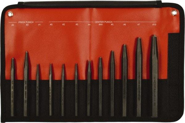 Mayhew - 12 Piece, 3/32 to 3/8", Center & Prick Punch Set - Hex Shank, Steel, Comes in Kit Bag - Eagle Tool & Supply