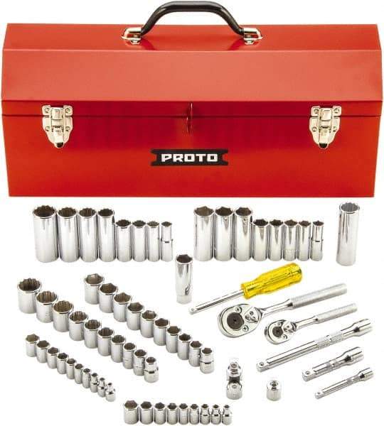 Proto - 65 Piece 1/4" & 3/8" Drive Full Polish Finish Deep Well Socket Set - 6, 12 Points, 1/4" to 7/8" (4mm to 19mm) Range, Inch/Metric Measurement Standard - Eagle Tool & Supply