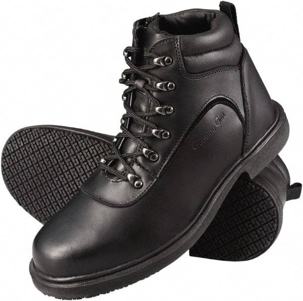 Genuine Grip - Unisex Size 9.5 Wide Width Steel Work Boot - Black, Leather Upper, Rubber Outsole, 6" High, Dielectric, Non-Slip - Eagle Tool & Supply