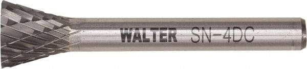 WALTER Surface Technologies - 1/4" Cut Diam, 1/4" Shank Diam, Inverted Cone Head Double Cut Burr - Tungsten Carbide, 1" LOC, 4" OAL - Eagle Tool & Supply