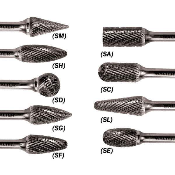 WALTER Surface Technologies - 1/4" Cut Diam, 1/4" Shank Diam, Cylinder Ball End Head Single Cut Burr - Tungsten Carbide, 5/8" LOC, 3-5/8" OAL - Eagle Tool & Supply