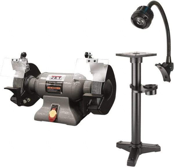 Jet - 8" Wheel Diam x 1" Wheel Width, 1 hp Grinder - 0.63" Arbor Hole Diam, 1 Phase, 3,450 Max RPM, 115 Volts - Eagle Tool & Supply