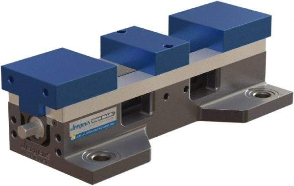 Jergens - 4" Jaw Width, 14.4" Max Jaw Opening, Manual Self Centering Vise - 7,200 Max Operating psi, 2.2" Stroke Length, 16" OAL x 6" OAW x 4" OAH - Eagle Tool & Supply