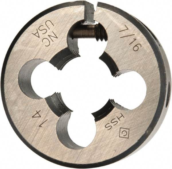 Cle-Line - 7/16-14 UNC Thread, 1" Outside Diam High Speed Steel Round Die - 3/8" Thick, Right Hand Thread, Adjustable - Exact Industrial Supply