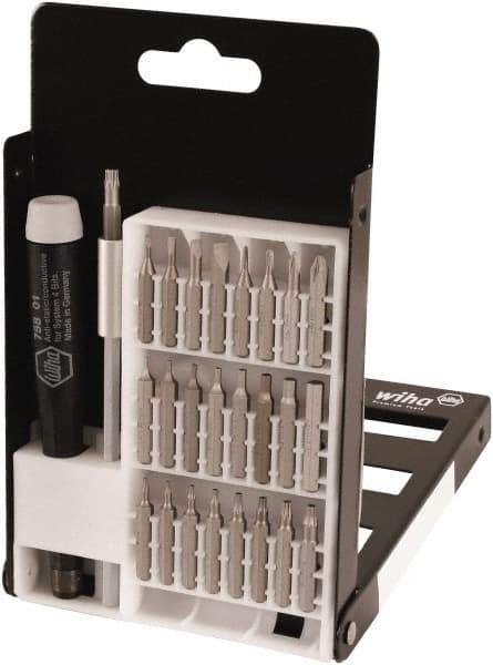 Wiha - 27 Piece, 4mm Drive Screwdriver Micro Bit Set - #000 to #1 Phillips, 0.7 to 4mm Hex, T3 to T15 Torx, 1.5, 2, 3 & 4mm Slotted - Eagle Tool & Supply