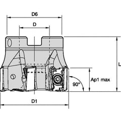 Kennametal - 7 Inserts, 2-1/2" Cut Diam, 1" Arbor Diam, 15.5mm Max Depth of Cut, Indexable Square-Shoulder Face Mill - 0° Lead Angle, 1-3/4" High, LNGU15T608SRGE Insert Compatibility, Through Coolant, Series MILL 4-15 - Eagle Tool & Supply