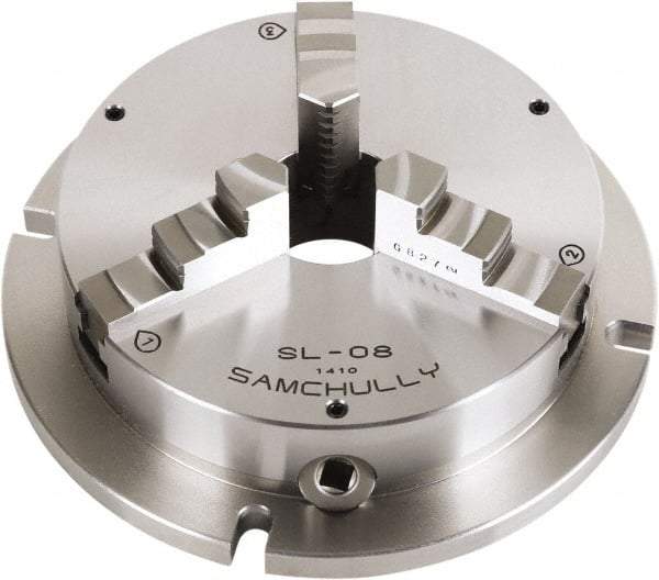 Samchully - 3 Jaw, 215mm Diam, Self Centering Manual Lathe Chuck - Plain Back Mount, Adjustable, 60mm Through Hole Diam, Forged Steel - Eagle Tool & Supply
