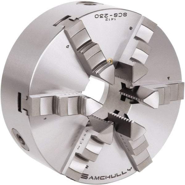 Samchully - 6 Jaw, 273mm Diam, Self Centering Manual Lathe Chuck - Plain Back Mount, Adjustable, 89mm Through Hole Diam, Forged Steel - Eagle Tool & Supply