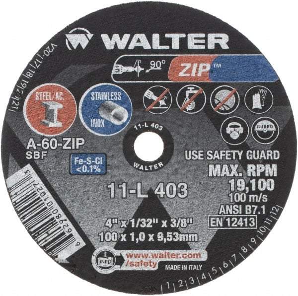 WALTER Surface Technologies - 4" 60 Grit Aluminum Oxide Cutoff Wheel - 1/32" Thick, 3/8" Arbor, 19,100 Max RPM, Use with Die Grinders - Eagle Tool & Supply