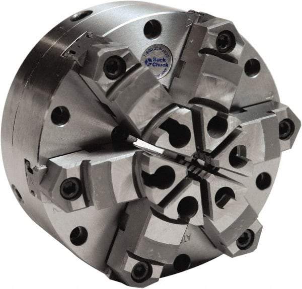 Buck Chuck Company - 6 Jaws, 6" Diam, Self Centering Manual Lathe Chuck - Plain Back Mount Spindle, Adjustable, Reversible, 1,600 Max RPM, 1-11/16" Through Hole Diam, Cast Iron - Eagle Tool & Supply