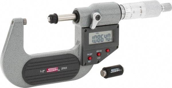 SPI - 1 to 2" Range, 0.00005" Resolution, Standard Throat IP65 Electronic Outside Micrometer - 0.0001" Accuracy, Ratchet Stop Thimble, Carbide-Tipped Face, LR44 Battery, Includes NIST Traceable Certification of Inspection - Eagle Tool & Supply