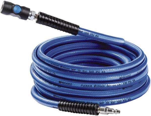 Prevost - 3/8" ID 50' Long Multipurpose Air Hose - Industrial Interchange Safety Coupler x Male Plug Ends, 300 Working psi, 5 to 140°F, 1/4" Fitting, Blue - Eagle Tool & Supply