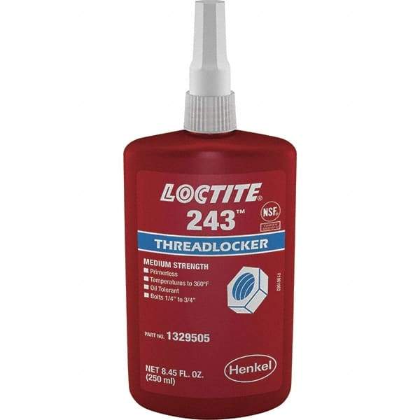 Loctite - 250 mL Bottle, Blue, Medium Strength Liquid Threadlocker - Series 243, 24 hr Full Cure Time, Hand Tool, Heat Removal - Eagle Tool & Supply