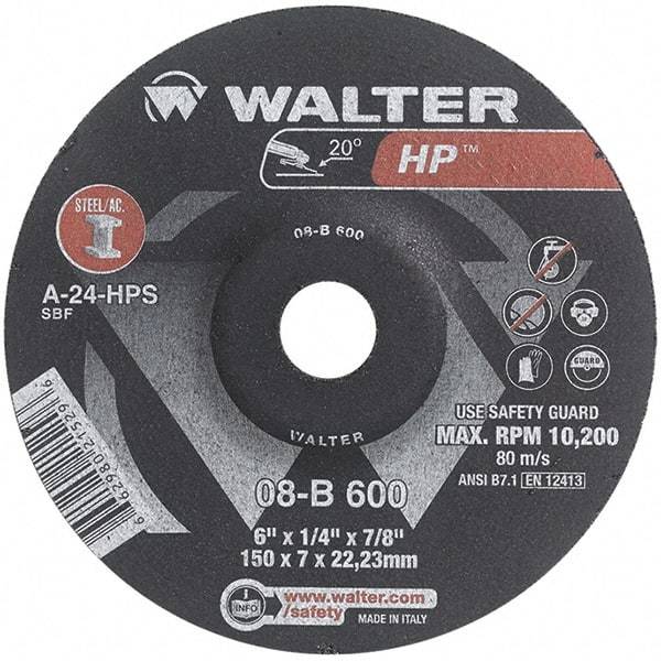 WALTER Surface Technologies - 24 Grit, 6" Wheel Diam, 1/4" Wheel Thickness, 7/8" Arbor Hole, Type 27 Depressed Center Wheel - Aluminum Oxide, Resinoid Bond, 10,200 Max RPM - Eagle Tool & Supply