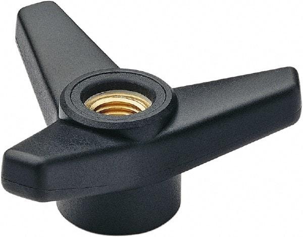 Elesa - 2-1/2" Head Diam, 5/16-18 Hole, 1.375" High, Glass Fibre Reinforced Technopolymer 3 Arm Knob - 1" Hub Diam, 0.98 Head Height, Thru Female Insert Style, 13/16 Hole Depth, Black - Eagle Tool & Supply