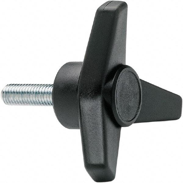 Elesa - 1-3/4" Head Diam, 1" High, 3/4" Long Thread, Glass Fibre Reinforced Technopolymer 3 Arm Knob - 3/8-16 Stem, 3/4" Hub Diam, 0.98 Head Height, Threaded Stem Style, Black - Eagle Tool & Supply