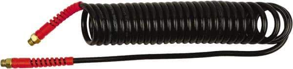 PRO-SOURCE - 1/4" ID, 1/4 Thread, 25' Long, Black Polyurethane Coiled & Self Storing Hose - 145 Max psi, Male Swivel x Male Swivel - Eagle Tool & Supply