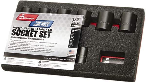 Ability One - 11 Piece 3/8" Drive Impact Socket Set - 6 Points, 3/8" to 1" Range, Inch Measurement Standard - Eagle Tool & Supply