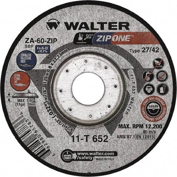 WALTER Surface Technologies - 60 Grit, 4-1/2" Wheel Diam, 1/32" Wheel Thickness, 7/8" Arbor Hole, Type 27 Depressed Center Wheel - Zirconia Alumina, Resinoid Bond, 13,300 Max RPM - Eagle Tool & Supply