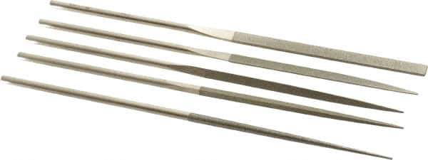 PFERD - 5 Piece Diamond Pattern File Set - 5-1/2" Long, Fine Coarseness, Set Includes Half Round, Hand, Round, Square, Three Square - Eagle Tool & Supply