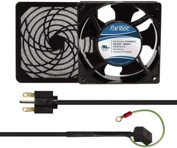 Made in USA - 230 Volts, AC, 80 CFM, Square Tube Axial Fan Kit - 0.07/0.06 Amp Rating, 120mm High x 120mm Wide x 38.5mm Deep, Includes Fan, Fan Guard, Fan Cord - Eagle Tool & Supply