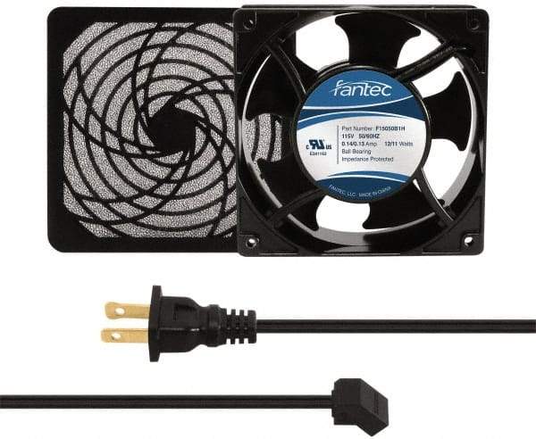 Made in USA - 115 Volts, AC, 103 CFM, Square Tube Axial Fan Kit - 0.26 Amp Rating, 120mm High x 120mm Wide x 38.5mm Deep, Includes Fan, Fan Filter, Fan Cord - Eagle Tool & Supply