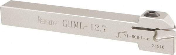 Iscar - GHM, External, Left Hand, 0.189" Max Depth of Cut, 0.157" Max Groove Width, Indexable Grooving Tool Holder - GI.., GPV, TIP Insert Compatibility, 1/2" Shank Height, 1/2" Shank Width, 4-1/2" OAL - Eagle Tool & Supply