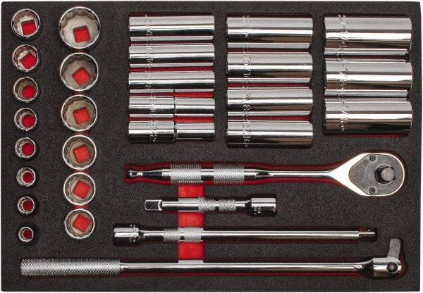 Proto - 30 Piece 1/2" Drive Chrome Finish Deep Well Socket Set - 12 Points, 3/8" to 1-1/4" Range, Inch Measurement Standard - Eagle Tool & Supply