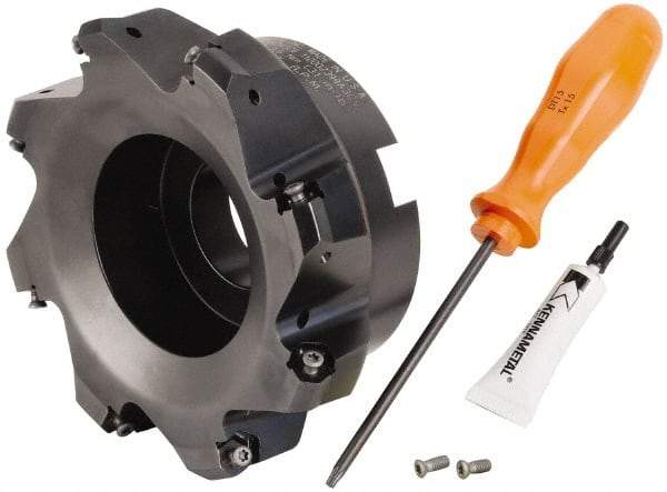 Kennametal - 5" Cut Diam, 1-1/2" Arbor Hole, 3.23mm Max Depth of Cut, 45° Indexable Chamfer & Angle Face Mill - 8 Inserts, HNGJ 0604... Insert, Right Hand Cut, 8 Flutes, Through Coolant, Series Dodeka Mini - Eagle Tool & Supply