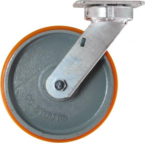 Caster Connection - 8" Diam x 2" Wide x 9-1/2" OAH Top Plate Mount Swivel Caster - Polyurethane on Iron, 1,500 Lb Capacity, Sealed Precision Ball Bearing, 4 x 4-1/2" Plate - Eagle Tool & Supply