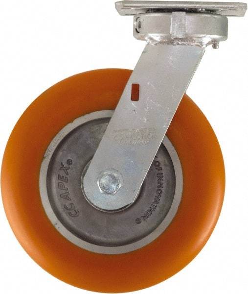 Caster Connection - 8" Diam x 2" Wide x 10-1/8" OAH Top Plate Mount Swivel Caster - Polyurethane on Aluminum, 1,200 Lb Capacity, Sealed Precision Ball Bearing, 4 x 4-1/2" Plate - Eagle Tool & Supply