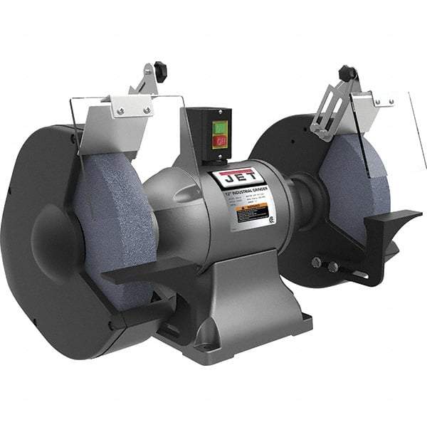 Jet - 12" Wheel Diam x 1" Wheel Width, 2 hp Grinder - 1-1/4" Arbor Hole Diam, 1 Phase, 1,720 Max RPM, 230 Volts - Eagle Tool & Supply
