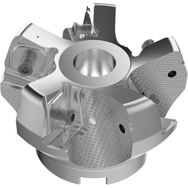 Seco - 80mm Cut Diam, 27mm Arbor Hole, 11mm Max Depth of Cut, 71° Indexable Chamfer & Angle Face Mill - 5 Inserts, 63 Insert, Right Hand Cut, 5 Flutes, Through Coolant, Series R220.56 - Eagle Tool & Supply