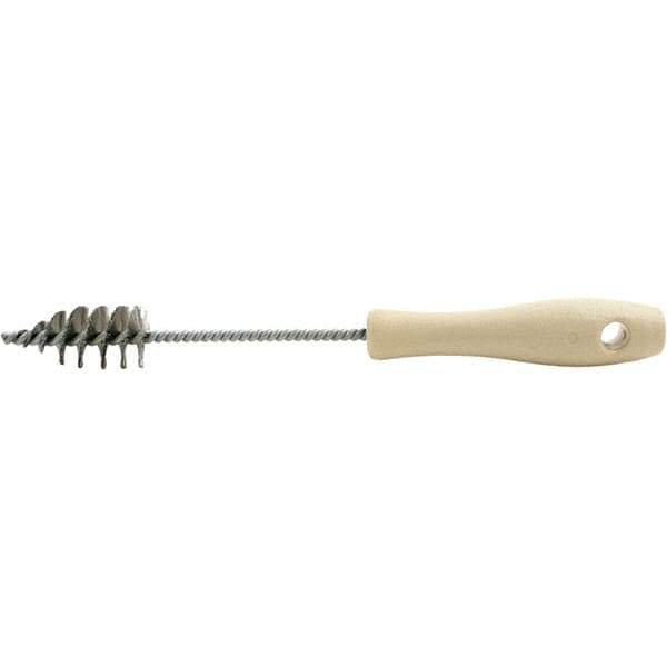 Brush Research Mfg. - 1" Diam Helical Stainless Steel Tube Brush - Single Spiral, 0.006" Filament Diam, 2-3/16" Brush Length, 10-1/2" OAL, 0.22" Diam Plastic Handle Shank - Eagle Tool & Supply